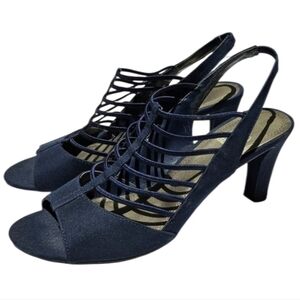 Impo Stretch Vila Navy Blue Fabric Strappy Slingback 3in Heels Size 9